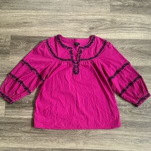 Talbots Petite Fuchsia Blouse with Black Embroidery Boho Casual Balloon Sleeve